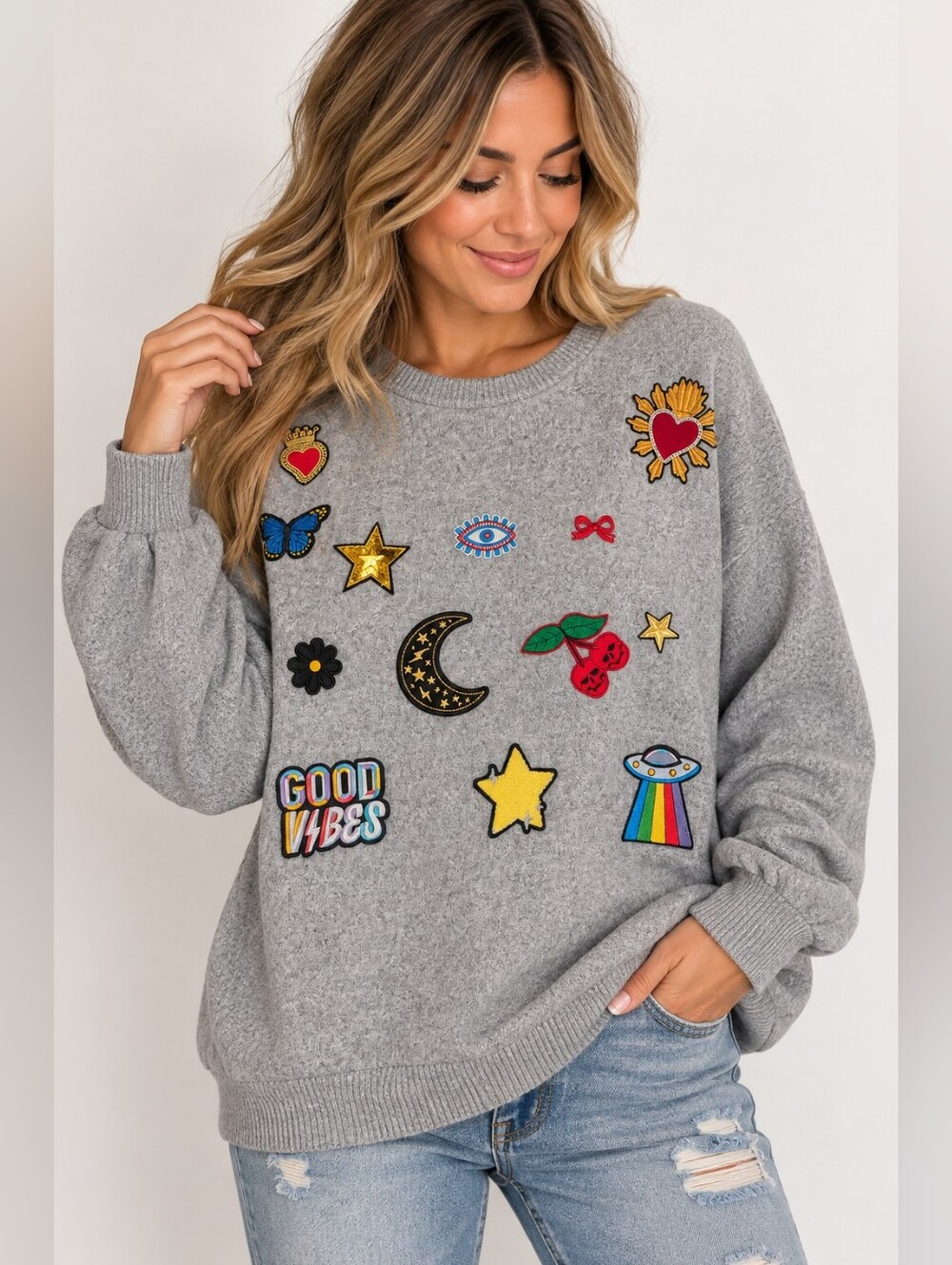 Love & Lace XL Good Vibes Patch Graphic Gray Pullover Sweater Celestial Boho